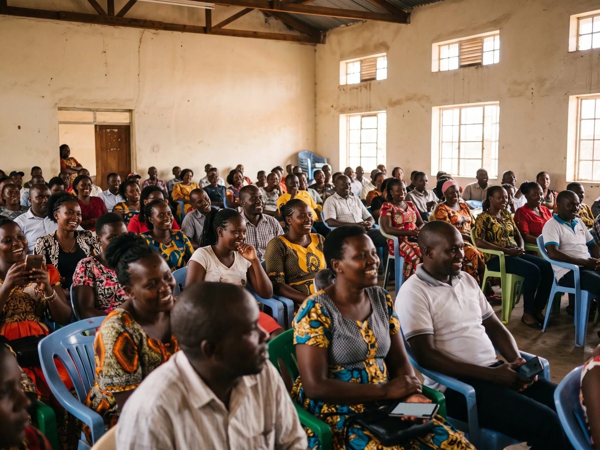 A community hall full of people of all ages, laughing at something at the front