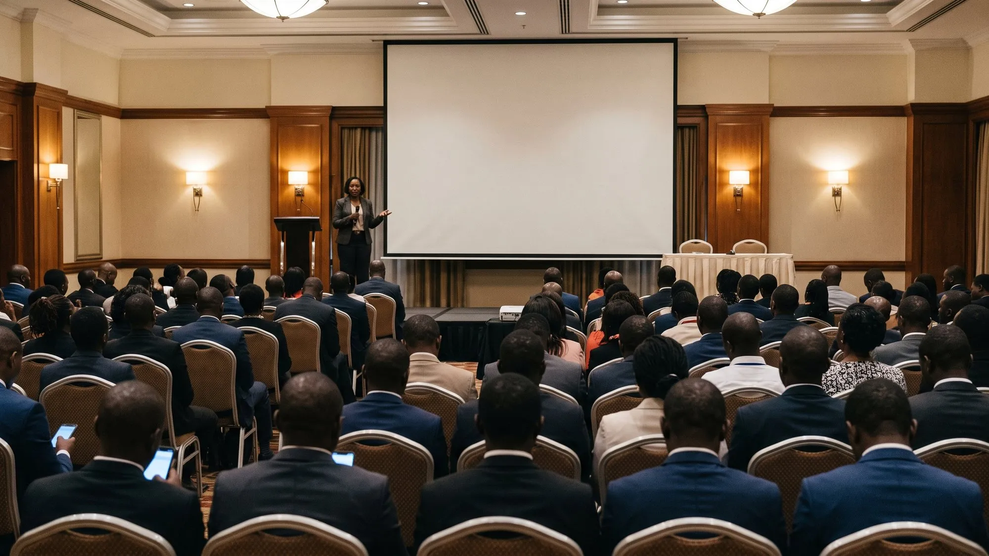 A conference hall in Nairobi: the audience watches live poll results on the screen while the presenter speaks