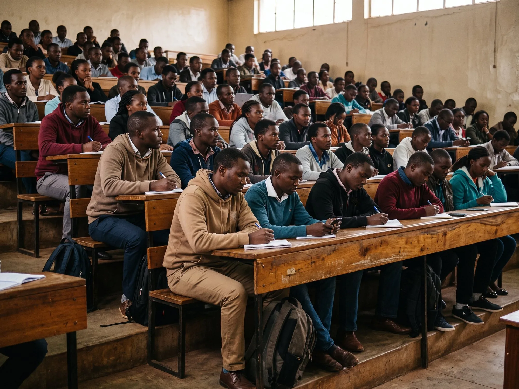 Students on tiered wooden benches in a lecture theatre
