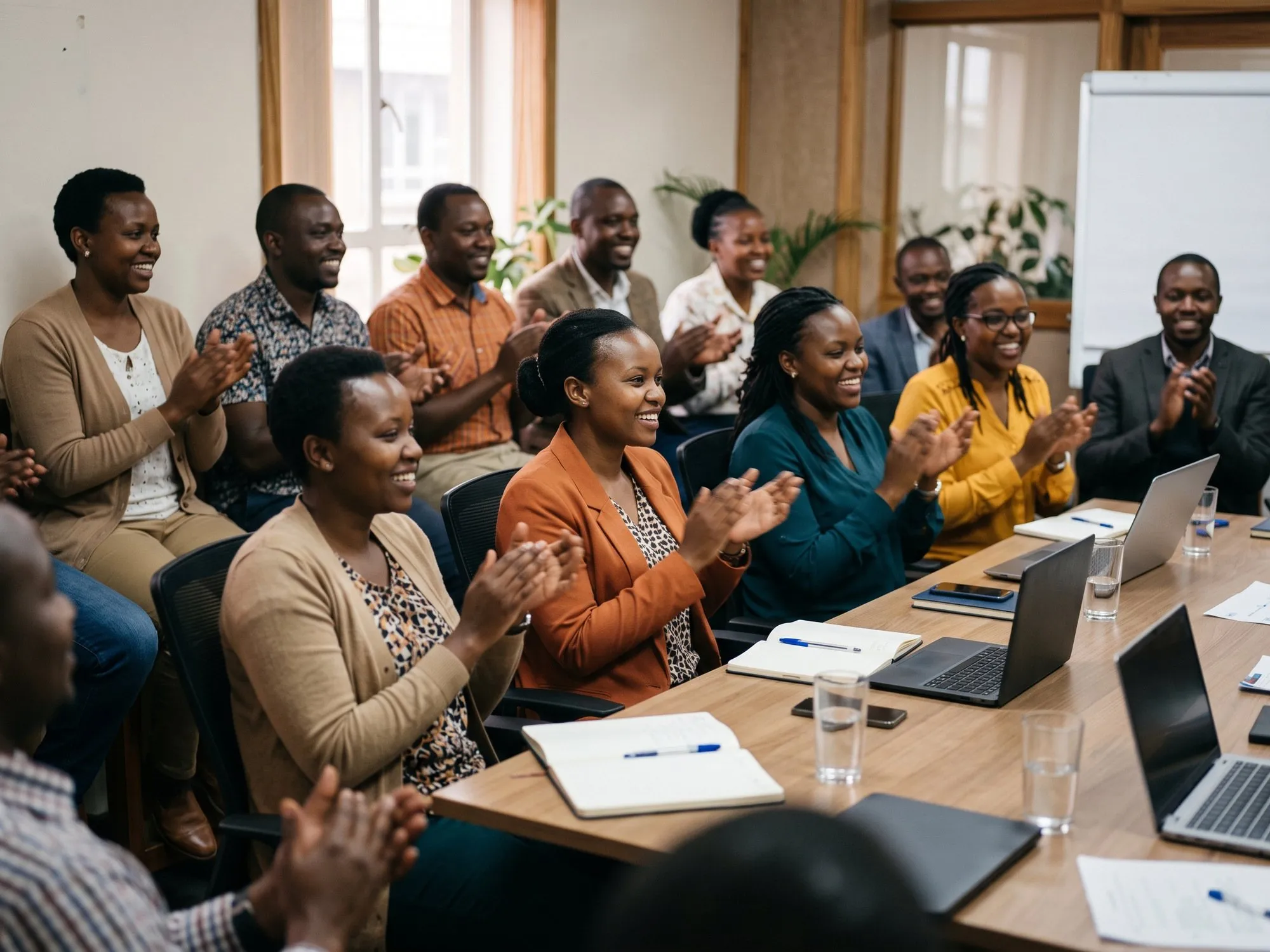 A team in a meeting room applauding a colleague