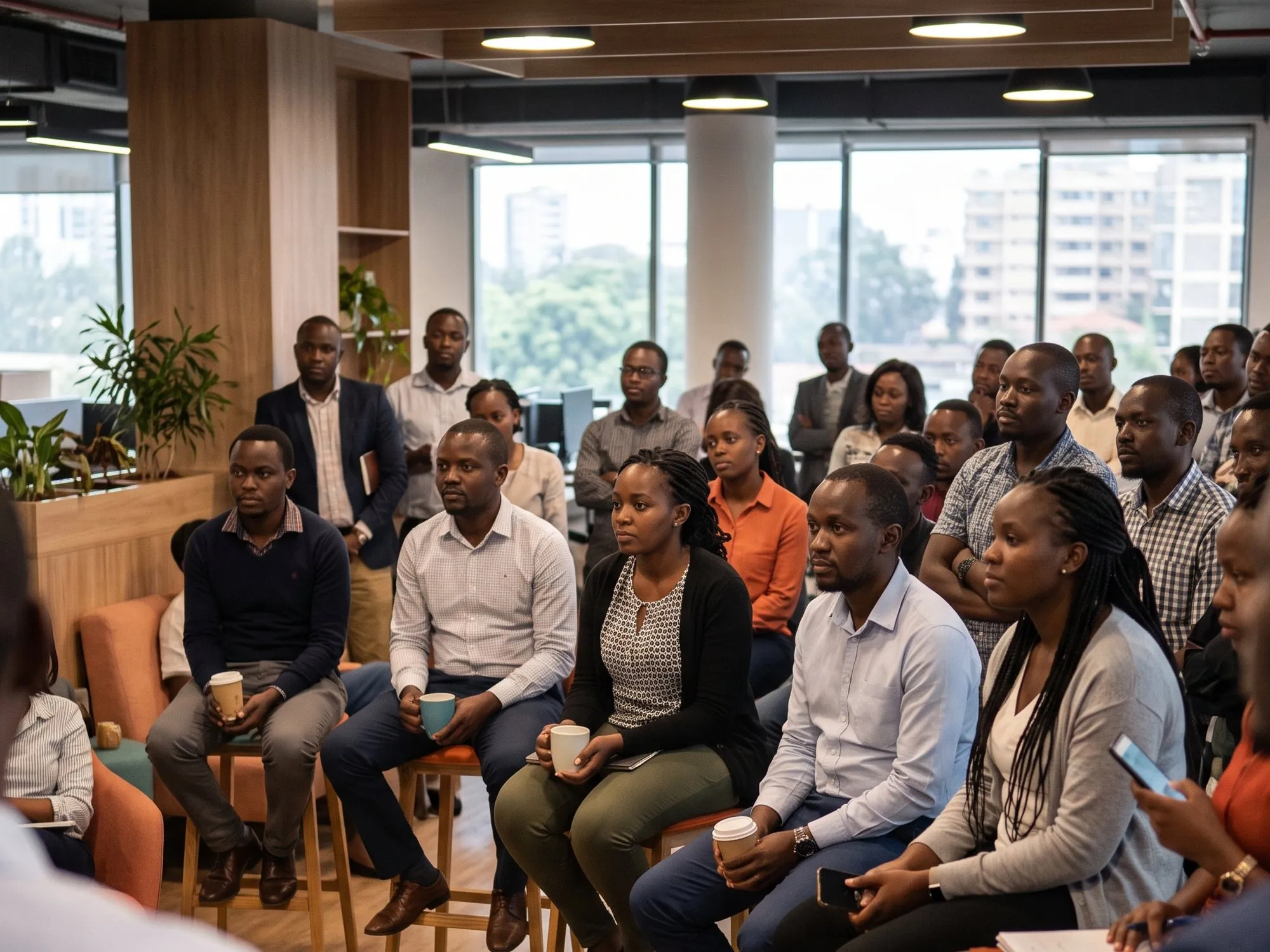 Employees gathered for a town hall in a bright open-plan office